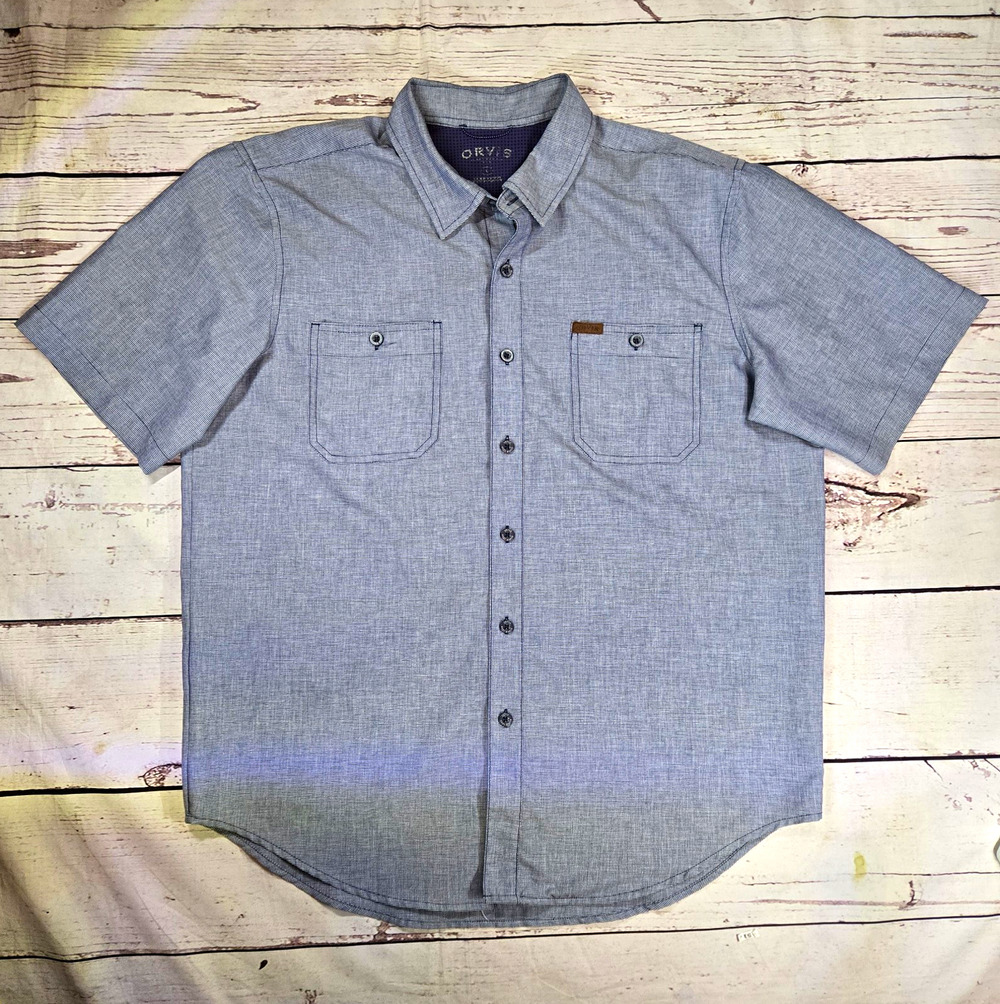 Orvis 2-Pocket Button-Up Shirt Men's L Blue Polyester Short Sleeve Regular